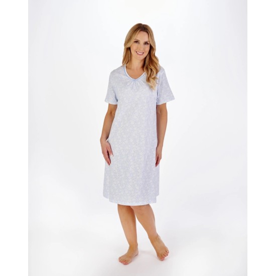 Floral V/N Cotton S/S Nightdress- Blue